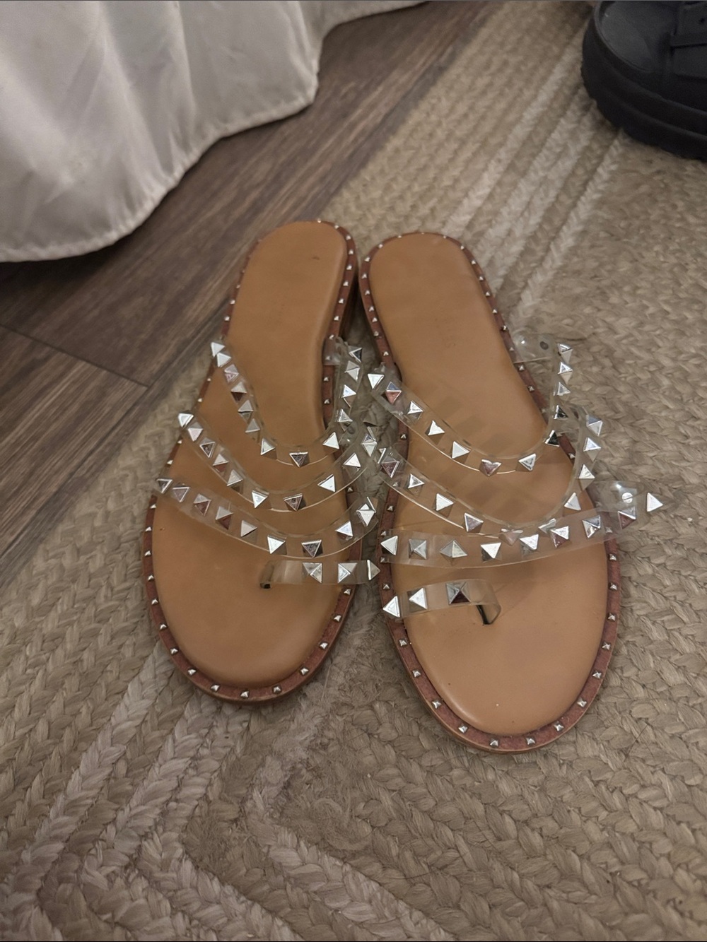 Studded Clear Strap Tan Slide Sandals - Women's